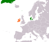 نقشهٔ موقعیت ایرلند و دانمارک.