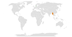 Mapa označující umístění Dánska a Myanmaru