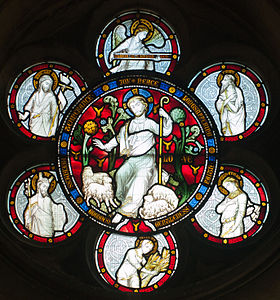 Stained glass window at Christ Church Cathedral in Dublin, depicting the Fruit of the Holy Spirit along with Biblical role models representing them: the Good Shepherd representing love, an angel holding a scroll with the Gloria in excelsis Deo representing joy and Jesus Christ, Job representing longsuffering, Jonathan faith, Ruth gentleness and goodness, Moses meekness, and John the Baptist temperance. Executed by Hardman & Co. in the 1870s. Dublin Christ Church Cathedral Passage to Synod Hall Window Fruit of the Spirit 2012 09 26.jpg