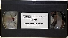 A VHS copy of Dudes from 1991, the only format on which the film was available until its release on DVD and Blu-ray in 2017. Dudes VHS.jpg