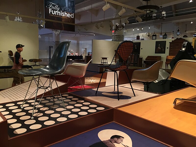 File:Eames Zenaloy Rocker (c.1950-67), Upholstered Wire Chairs (c.1953-67 and c.1951-53), manufactured by Herman Miller, Inc., designed by Charles and Ray Eames - etc. - Fully Furnished - Historic Furniture Exhibit - Henry Ford Museum.jpg