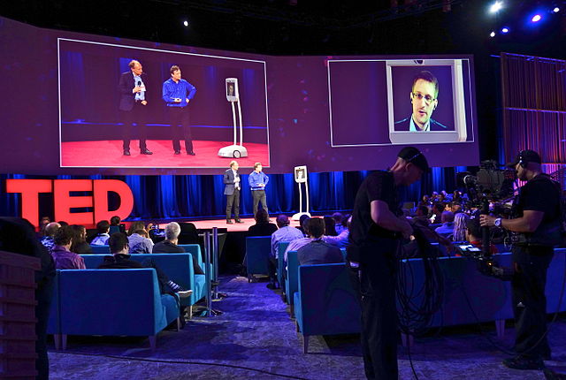 American exile Edward Snowden participates in a TED talk in Texas from Russia via telepresence robot, March 2014