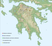 Identified Albanian settlements in the Peloponnese, according to the Ottoman taxation cadastre of 1460-1463. Many of these settlements have since been abandoned, while others have been renamed. Out of the 580 inhabited villages, 407 are listed as Albanian, 169 as Greek, and four as mixed; the average number of families residing in Albanian villages was 3.5 times smaller than that of the Greek ones. Ethnic distribution of settlements of the Peloponnese (1460-63).png