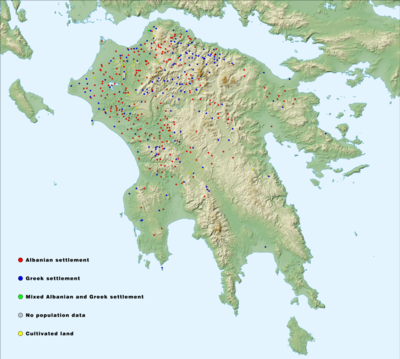 Identified Albanian settlements in the Peloponnese, according to the Ottoman taxation cadastre of 1460–1463. Many of these settlements have since been abandoned, while others have been renamed.[32] Out of the 580 inhabited villages, 407 are listed as Albanian, 169 as Greek, and four as mixed; the average number of families residing in Albanian villages was 3.5 times smaller than that of the Greek ones.[33]