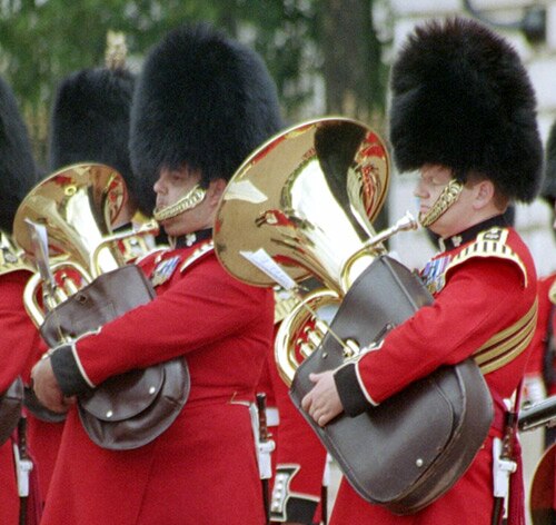 A euphonium (left) and tuba (right), the two lowest conical-bore instruments