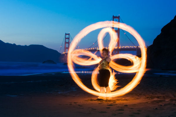 Fire poi on a beach in San Francisco