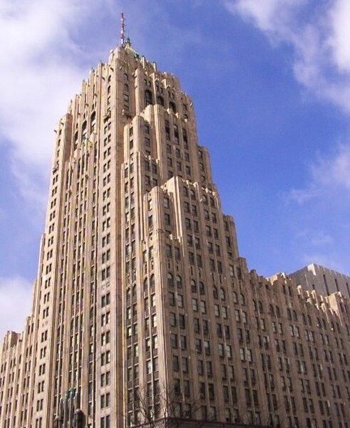 The Fisher Building, a National Historic site in the City's New Center area, is home to the Fisher Theatre, with an antenna that transmits WJR’s signa