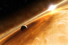 Экзопланета газового гиганта, вращающаяся в золотисто-желтом море, которое является поясом астероидов в звездной системе Фомальгаут.