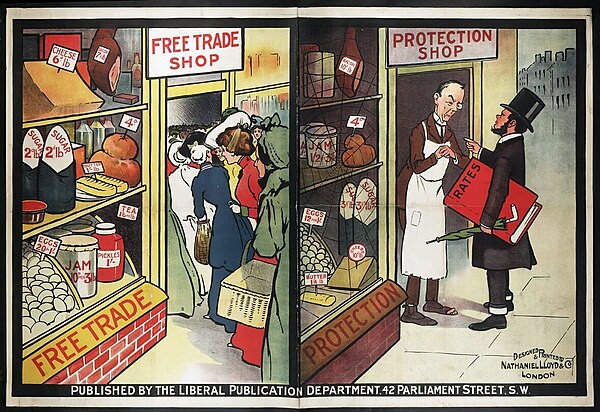 Political poster by  the British Liberal Party presenting their view of the differences between an economy based on free trade versus one based on protectionism. The free trade shop is shown as full with customers due to its low prices. The shop based on protectionism shows higher prices and a lack of customers, and  with animosity between the business owner and the regulator.