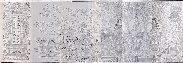 Frontispiece of the 1718 Rules for Repenting and Rebirth in the Pure Land (Wangsheng Jingtu Chanyuan Yikuei) with Amitabha (Omituo) Flanked by Two Bod