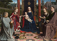 Gerard David, Marija z otrokom s svetniki in donatorjem, c. 1510, tip hortus conclusus.