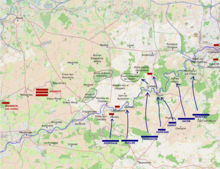 Movements on 10 May 1794. The French begin crossing the Sambre, establishing a bridgehead with Fromentin and the vanguards at Lobbes and Thuin, while Despeaux and Muller are halted at the defended crossings upstream of Fromentin. Grandreng10May.png
