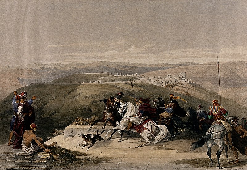 File:Group of horseriders on a plateau overlooking a landscape wi Wellcome V0049420.jpg