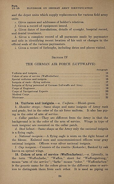 File:Handbook on German Army Identification 1943 34 Wehrmacht Luftwaffe (Air Force) Uniform insignia, Colors of arms of service (Waffenfarben) (WWII US War Dep No copyright USHMM) handbookongerman02unit 0040.jpg