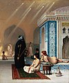 Piscina em um harém, quadro de 1876 de Jean-Leon Jérôme que retrata o cotidiano de um harém (recinto destinado às diversas esposas de um muçulmano. O islamismo estabelece um máximo de quatro esposas para cada homem[25].)
