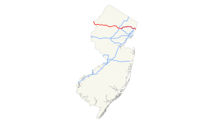 Un mapa de Nueva Jersey que muestra las carreteras principales.  La I-80 corre de este a oeste a través de la parte norte del estado.