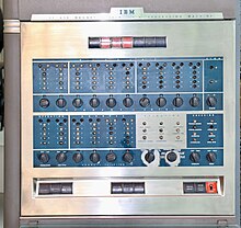 IBM 650 console panel, showing bi-quinary indicators. Note wear marks around frequently used switches, lower right. Collection of the Museo Nacional de Ciencia y Tecnologia. A Coruna (Galicia, Spain). IBM 650.002 - MUNCYT.jpg