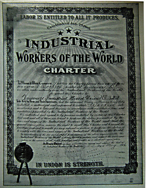 The first IWW charter in Canada, Vancouver Industrial Mixed Union no.322, May 5, 1906