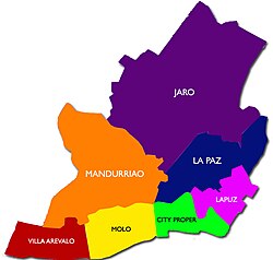 Los distritos son Jaro, La Paz, Mandurriao, Lapuz, Ciudad Propia, Molo y Villa Arévalo.