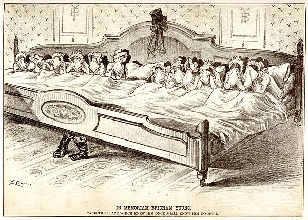 A caricature of Brigham Young's wives, published in Puck following his death in 1877.