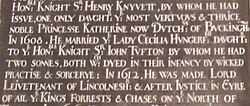 'died in their infancy by wicked practises and sorcerye' - part of the memorial at Bottesford Inscription on Tomb of 6th Earl of Rutland.jpg