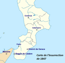 Mappa che rappresenta la punta meridionale dell'Italia con la Sicilia occidentale su cui sono poste le città di Cosenza, Catanzaro, Palmi, Reggio Calabria, Messina nonché il circondario di Gerace