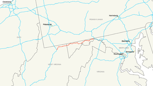 Map of a road that stretches across northern West Virginia and northwestern Maryland.
