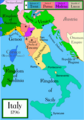 1796: ██ Sardiinia kuningriik ██ Genova vabariik ██ Parma hertsogkond ██ Modena hertsogkond ██ Lucca vabariik ██ Toscana suurhertsogkond ██ Kirikuriik ██ Veneetsia vabariik ██ Mõlema Sitsiilia kuningriik