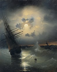 Sailing Shipon the Sea at Moonlight. 1840s date QS:P,+1840-00-00T00:00:00Z/8