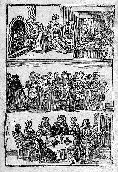 Frontispice de The Compleat Midwifes Companion, représentant trois scènes: 1. Une femme qui a récemment accocuhé, son bébé dans un berceau, accompagnés de deux sages-femmes; 2. Un groupe de personnes luxueusement vêtues pour une procession de baptême avec, au premier plan, la sage-femme s'occupant du bébé; 3. Un groupe à table, mangeant et buvant.