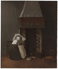 Interior with a Sick Woman by a Fireplace