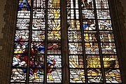 English: Detail of the stained-glass window number 7 in the Sint Janskerk at Gouda, Netherlands: "The dedication of the temple by Solomon" (top)