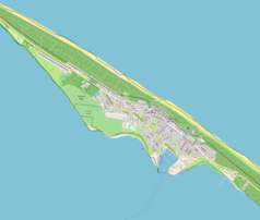 Mapa konturowa Jastarni, na dole nieco na prawo znajduje się punkt z opisem „Port morski w Jastarni”