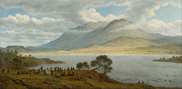 John Glover's 1834 painting Mount Wellington and Hobart Town from Kangaroo Point depicts Aboriginal Tasmanians dancing in the foreground.