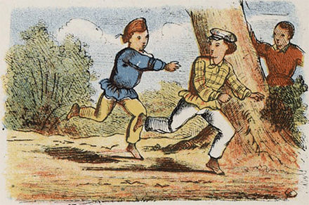 A Dutch cartoon of children playing tag, 1860s