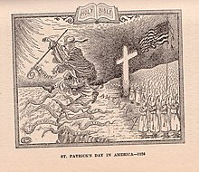 Ku Klux Klan cartoon (1926) depicting Saint Patrick being driven out of America, along with snakes marked "Rome in Politics", "Knights of Columbus", "superstition" and other evils associated with Irish Americans. KKK - St Patricks Dau.jpg