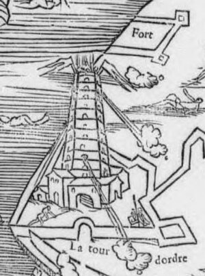 The Tour d'Ordre, a Roman lighthouse, in 1550. It fell into the sea in 1644, having stood for over 1600 years.