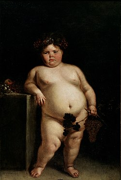 Et maleri av en overvektig, mørkhåret pike med røde kinn som lener seg mot et bord. Hun holder druer og vinblader i sin venstre hånd som skjuler skjødet hennes.