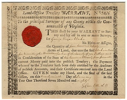 Virginia Land Office warrant to Clark for 560 acres for having raised a battalion to fight in the Revolutionary War. January 1780