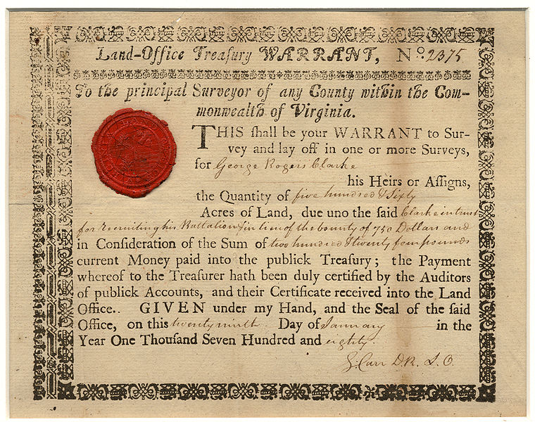 File:Land Office Treasury Warrant George Rogers Clark 1780.jpg