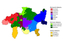 Historical distribution of the dialects of Romansh, German, and Italian in the Grisons. So-called Italian dialects are in fact dialects of Lombard, and more similar to Romansh than to Italian:
.mw-parser-output .legend{page-break-inside:avoid;break-inside:avoid-column}.mw-parser-output .legend-color{display:inline-block;min-width:1.25em;height:1.25em;line-height:1.25;margin:1px 0;text-align:center;border:1px solid black;background-color:transparent;color:black}.mw-parser-output .legend-text{}  Sursilvan
  Tuatschin
  Sutsilvan
  Surmiran
  Putèr
  Vallader
  Jauer