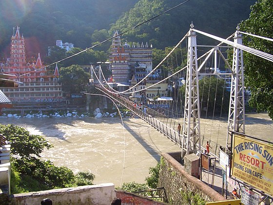 The Lakshman Jhula suspension bridge over the River Ganges