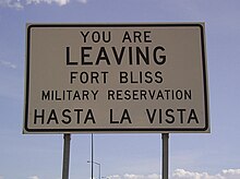 Sign at Fort Bliss U.S. Army post Leaving Fort Bliss detilt1.jpg