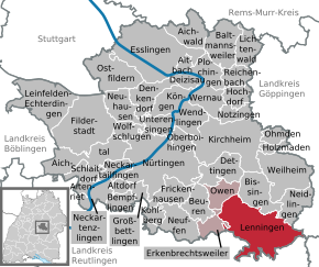 Poziția Lenningen pe harta districtului Esslingen