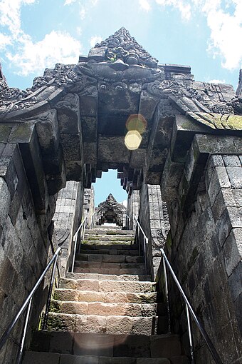 Lens flare on Borobudur stairs to enhance the sense of ascending