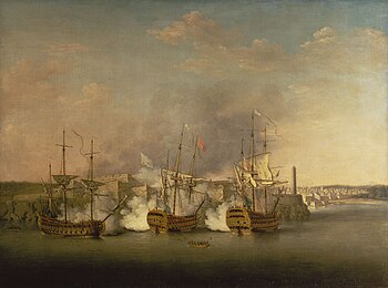 The bombardment of Marro Castle on Havana - HMS Marlborough, left LindsayCambridge.jpg