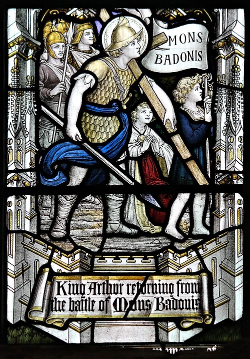 King Arthur returning from the Battle of Mons Badonis (or Mount Badon). First reference to Arthur, found in early Welsh literature. Stained glass in L