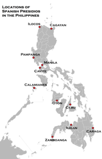 General locations of the Spanish Presidios built in the 1660s, officered by Spaniards and manned by personnel from Mexico and Peru that defended the native Filipino settlements from Muslim, Wokou, Dutch and English attacks. Locations of Spanish Presidios in the Philippines.png