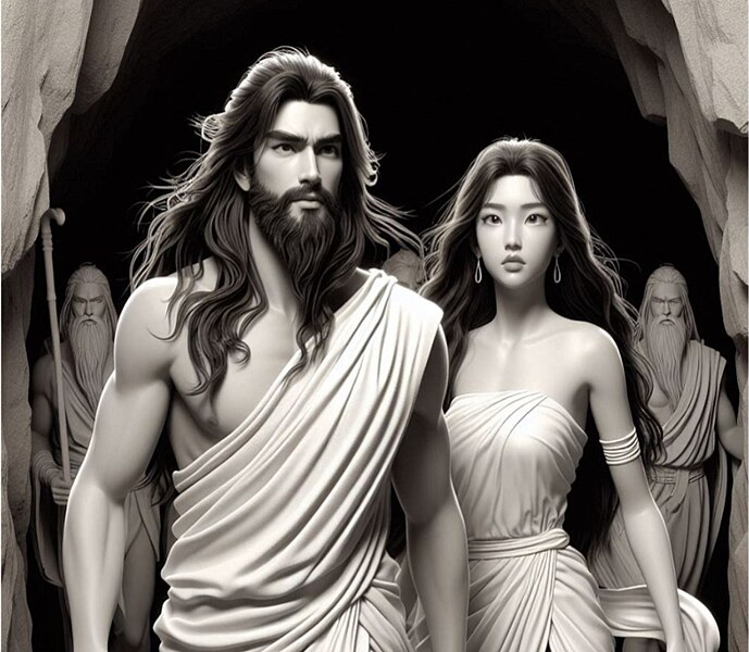 File:Lord Poireiton & Lady Leima Lainaotabi (Leinaotabi) coming to the human world (Tai Pang Pan) from the netherworld (Khamnung) - retold in Classical Meitei mythology - Allegory of a historical event of Ancient Kangleipak civilisation.jpg