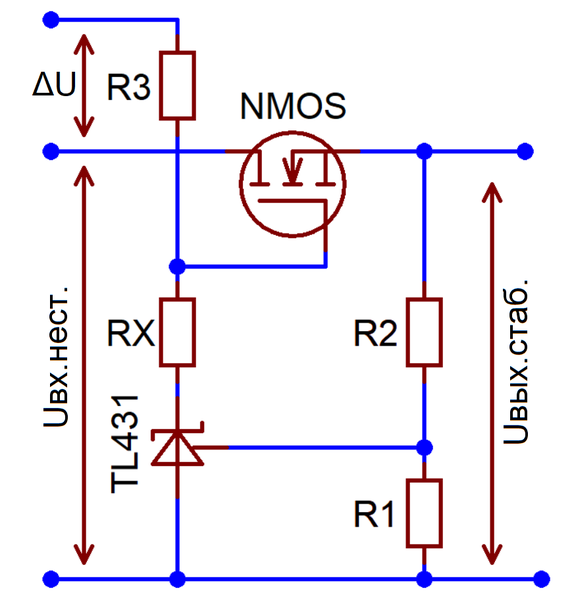 File:Low-drop voltage regulator with NMOS and TL431.png